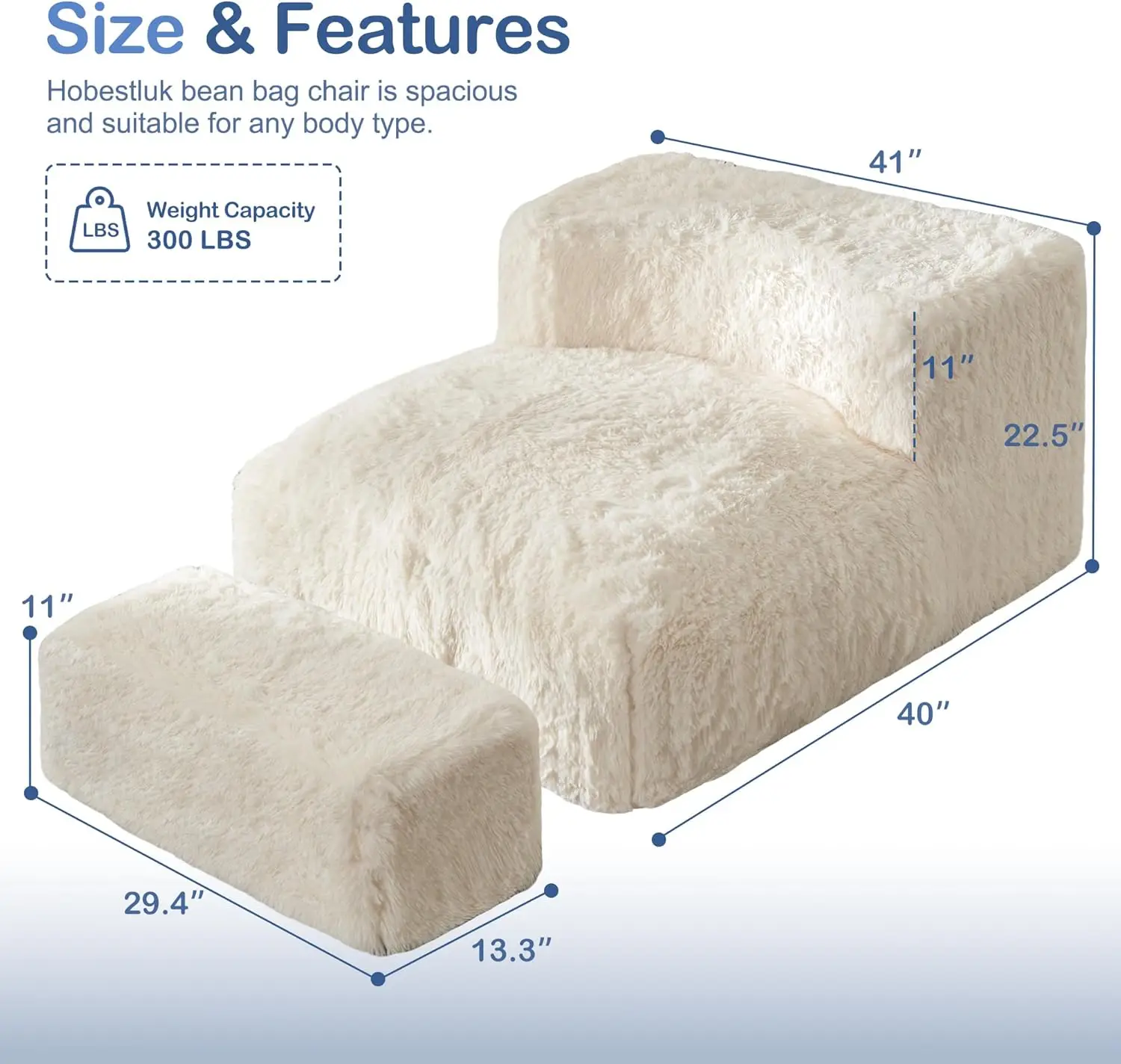 Giant Bean Bag Chair With Ottoman For Adults, Back Support Bean Bag Couch With Foam Filled, Plush Lazy Sofa Chair With