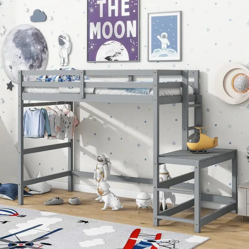 Twin Size High Loft Bed with Ladder, Landing Platform, Guardrails, Grey Finish