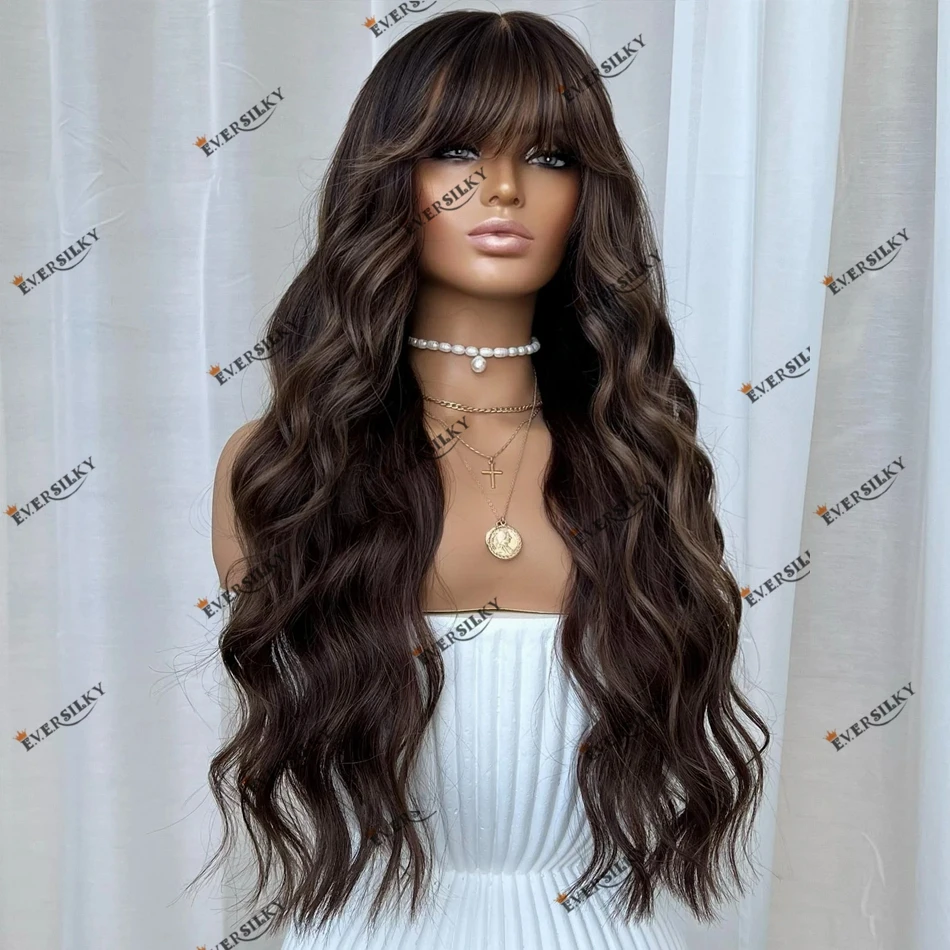 Loose Wave Human Hair Fringe Cool Brown Highlight Lace Front Wigs for Black Women 200Density Full Lace Wigs Remy Indian Hair Wig