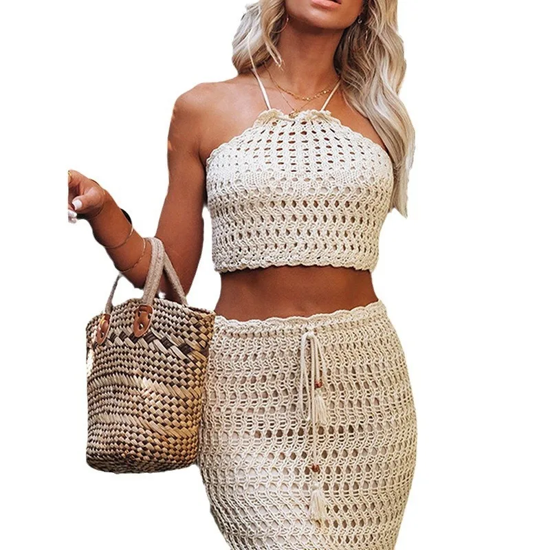 2024 NOVEDAD DE VERANO mujer Color sólido Sexy tejido playa Bikini traje de baño cubrir conjunto de protección solar