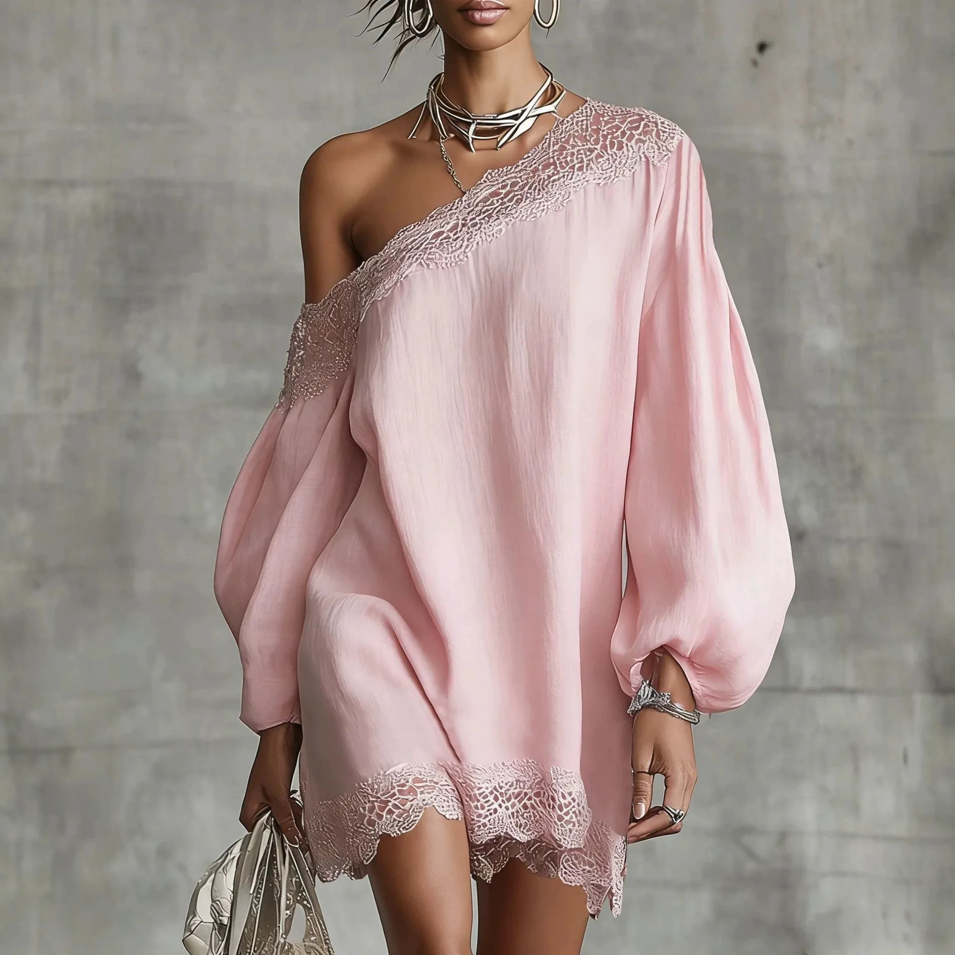 Lässiges, lockeres Langarm-Minikleid für Damen – Sommer 2026 Mode, One-Shoulder, rosa Spitze, kurze elegante Kleider