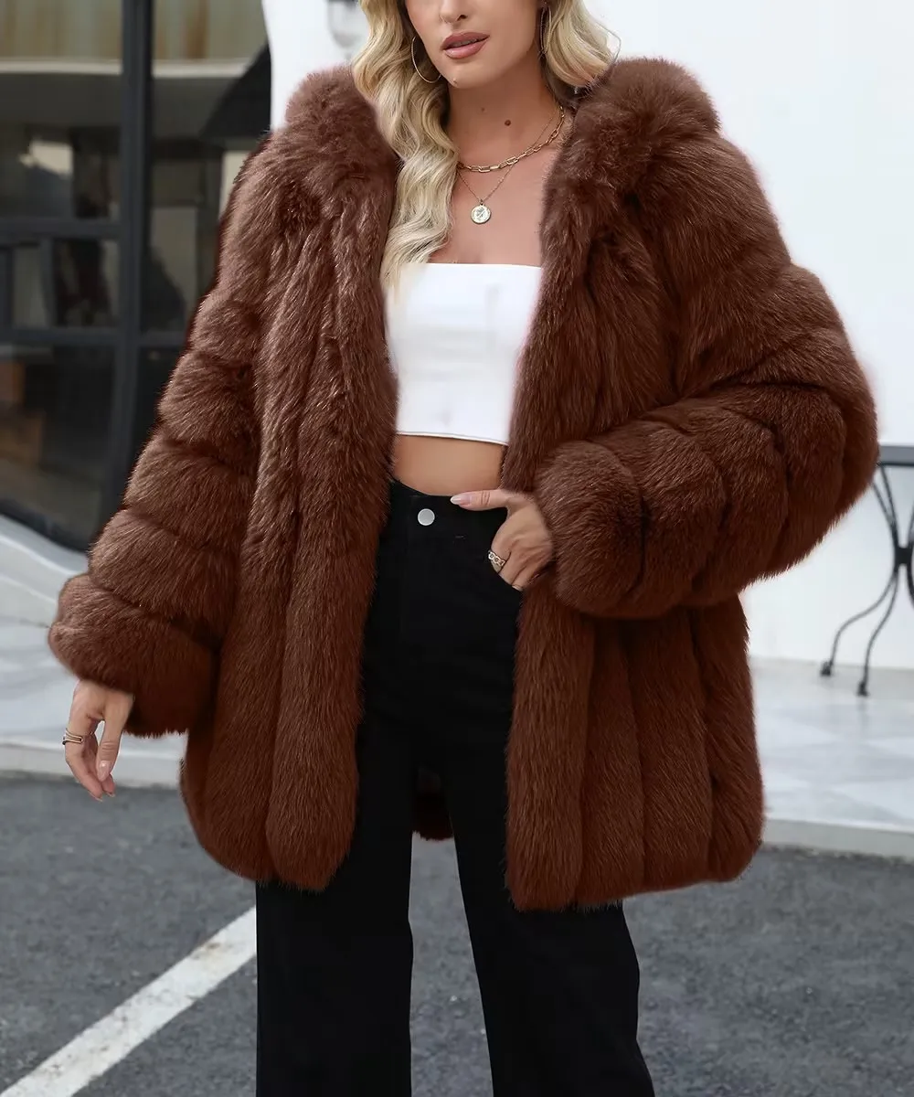 Faux Fox Fur Coat Women Solid Fur Jacket Long Sleeve Turn Down Collar Open Stitch Thick Warm Fur Loose Casual 2026 Autumn Winter