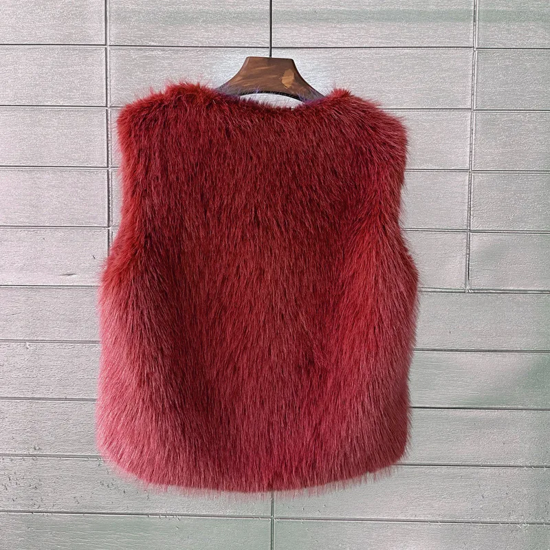 Burgundy Faux Fox Fur Vest 2026 Winter Streetwear Sleeveless Open Front Warm Fluffy Waistcoat American Style Short Outerwear