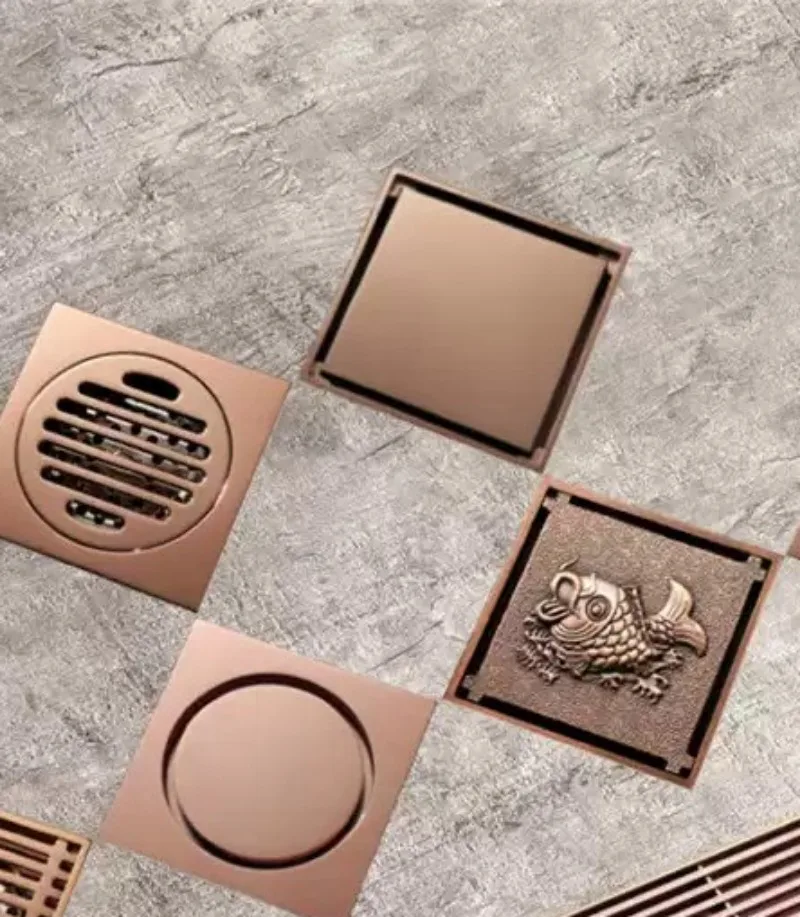 For Rose‑Gold Brass Square Floor‑Drain, 10cm Anti‑Odor Shower‑Waste Drain With Removable‑Cover, Bathroom‑Sewer‑Drainage‑Fixture