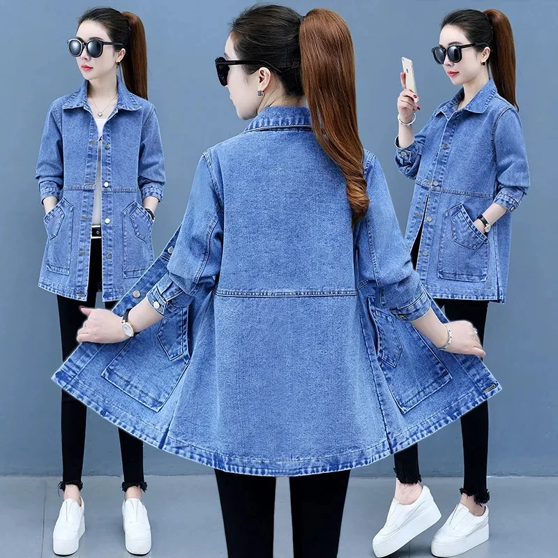 2024 Spring Autumn Women Denim Coat Cardigan Loose Mid-Length Jeans Jacket 5XL Pocket Street Bomber Casual Denim Outwear Female