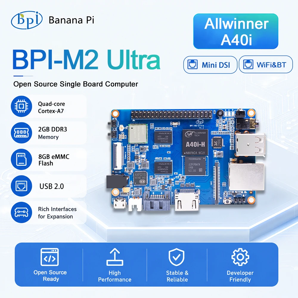 Banana Pi BPI-M2 Ultra Allwinner A40i 2GB DDR3 RAM 8GB eMMC On board wifi&BT Single Board Computer Support Linux Raspberry Pi