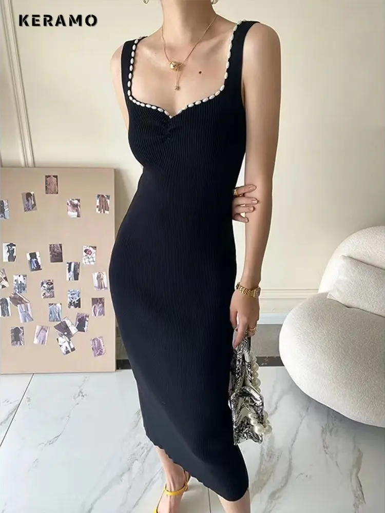 

French Style Knitting Elegant Sleeveless V-neck Patch Designs Dresses 2023 Summer Luxury Slim Sexy Sheath Camisole Club Dress