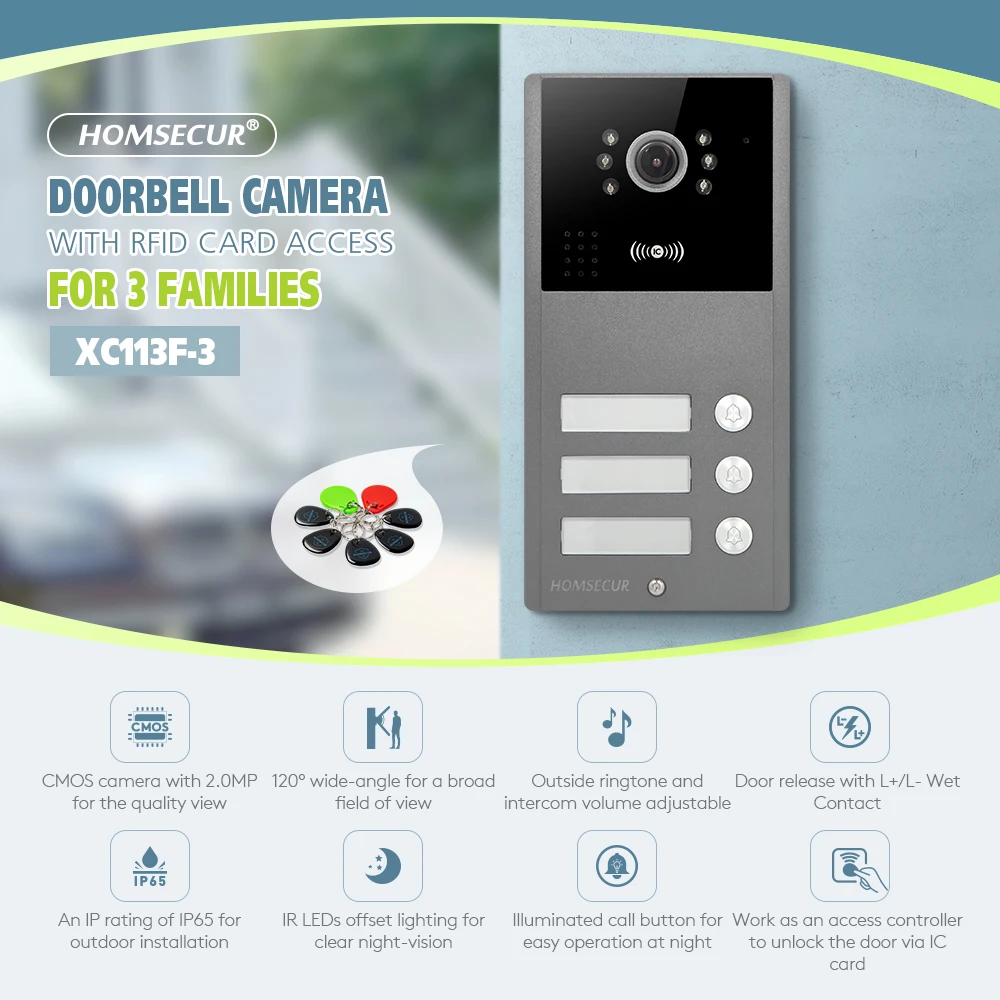 5Pcs IC 13.56Mhz Keyfobs +4 Wire XC113F-3 HD Doorbell Camera IP65 for Tuya Smart WIFI Video Doorphone Intercom Security 3 Flats
