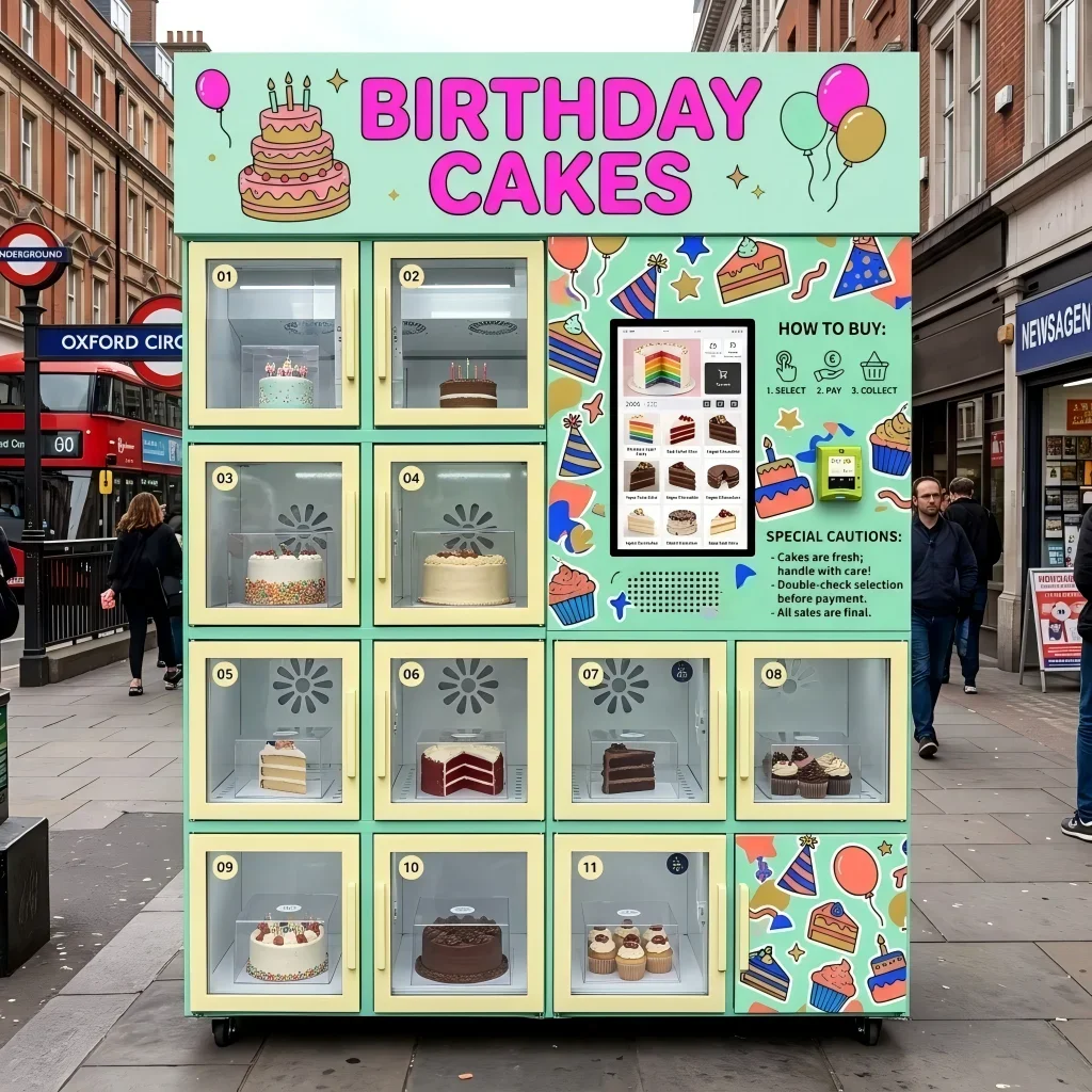 Commercial Refrigerated Cake Vending Machine 21.5 Inch Touch Screen ADA Lift System Self-Service Cupcake Dessert Vending