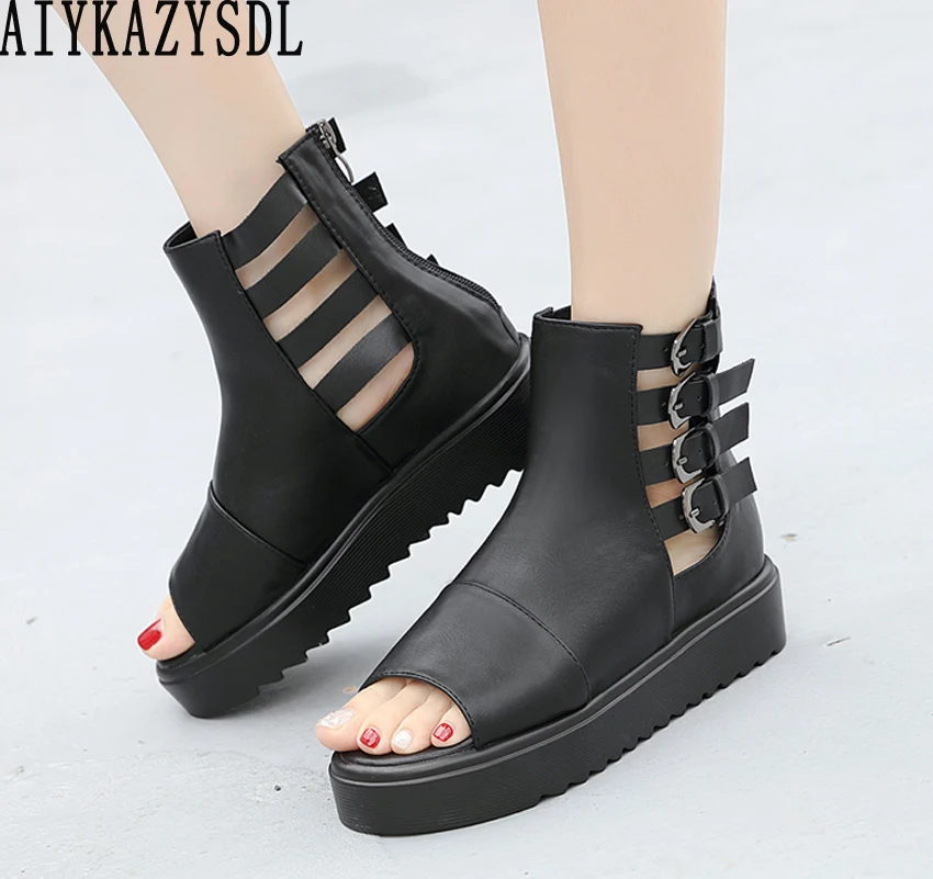 

AIYKAZYSDL Gladiator Rome Flat Shoes Sandals Women Peep Toe Ankle Boots Cut Out Buckle Strap Platform Wedge Heels Summer Bootie