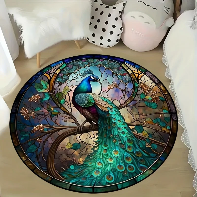 Large 3D Stained-Glass Peacock Mat  Turquoise Blue Gold Luxury Soft Polyester Round Floor Rug Bedroom Kitchen Hallway Indoor Use