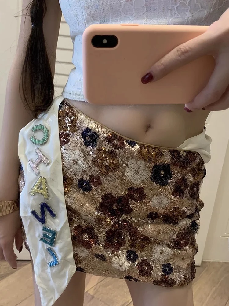 

Юбка Wuuus Carona Gallery с пайетками, А-силуэт, с завышенной талией, женская, модная, лето 2024, новая, средней длины, с цветочным узором