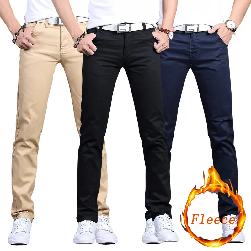 Winter New Men's Warm Casual Pants Business Fashion Fleece Thick Office Stretch Blue Trousers Male Plus Size 28-38