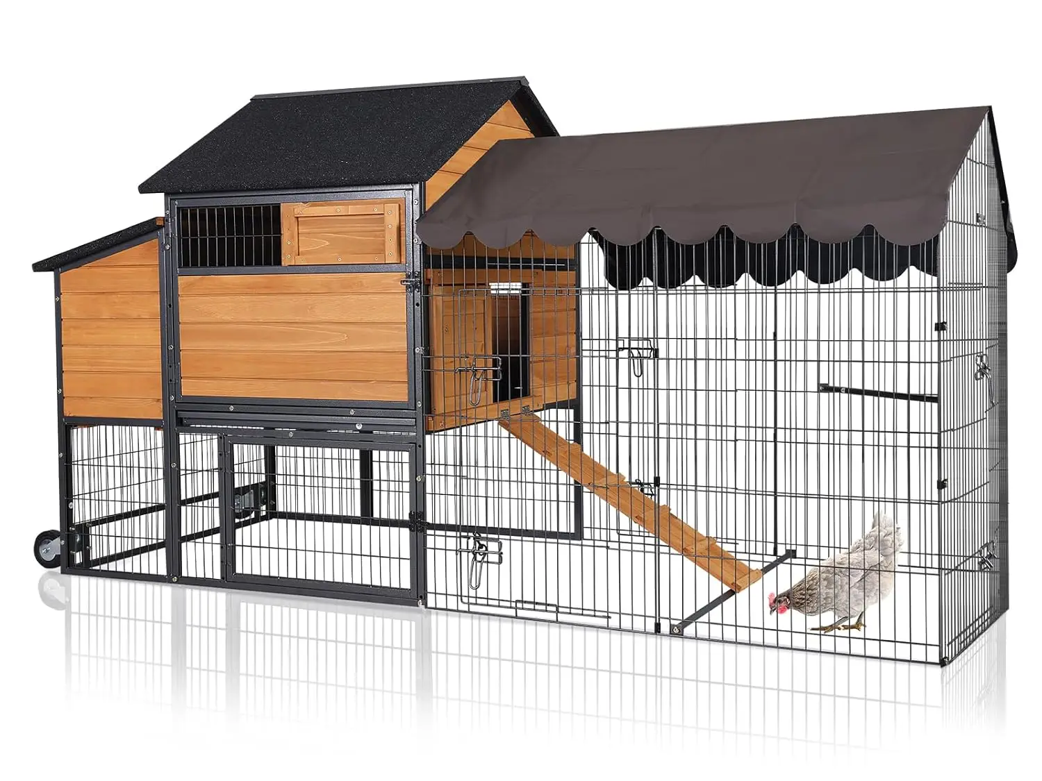 

85in Mobile Chicken Coop with Run Metal Frame Pull Out Tray Nesting Box Perch Vent Window Custom