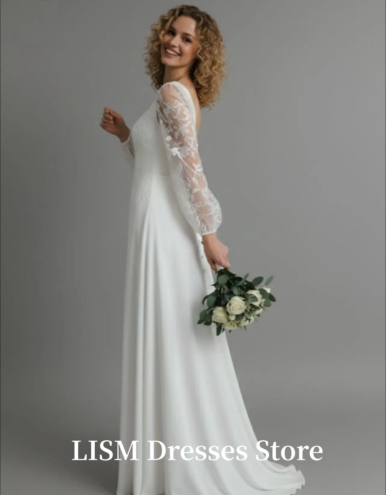 LISM Square Collar A-Line Wedding Dresses Simple Full Sleeves Silk Satin Lace Elegant Long Bridal Gowns Customize robe de soirée