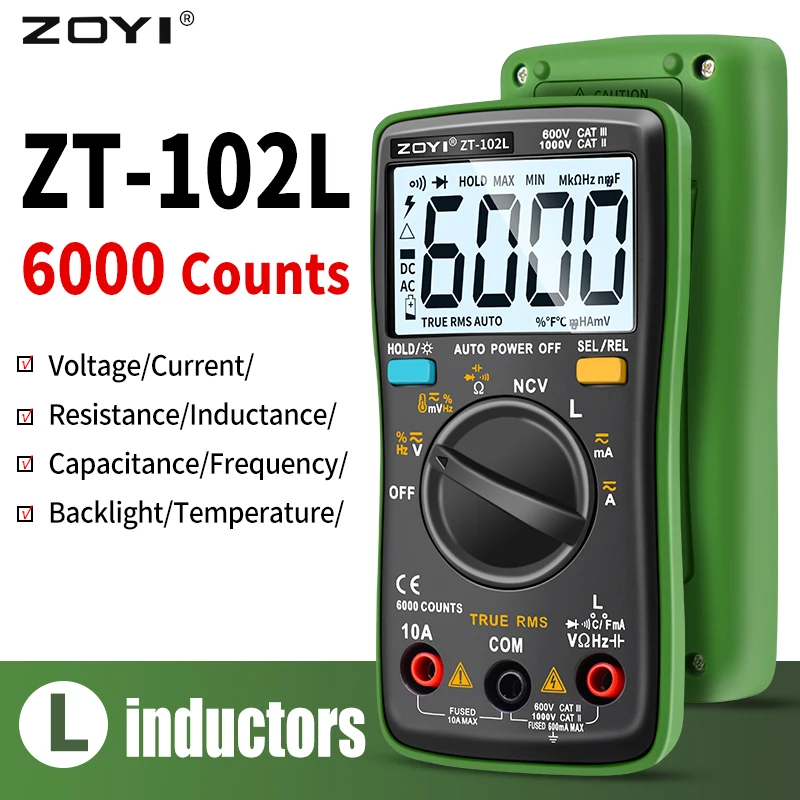 ZT102L AC/DC Digital Multimeter  6000 Counts Auto Range Ammeter Volt Ohm Hz Tester Inductance Temp Meter NVC Multimetro Backligh