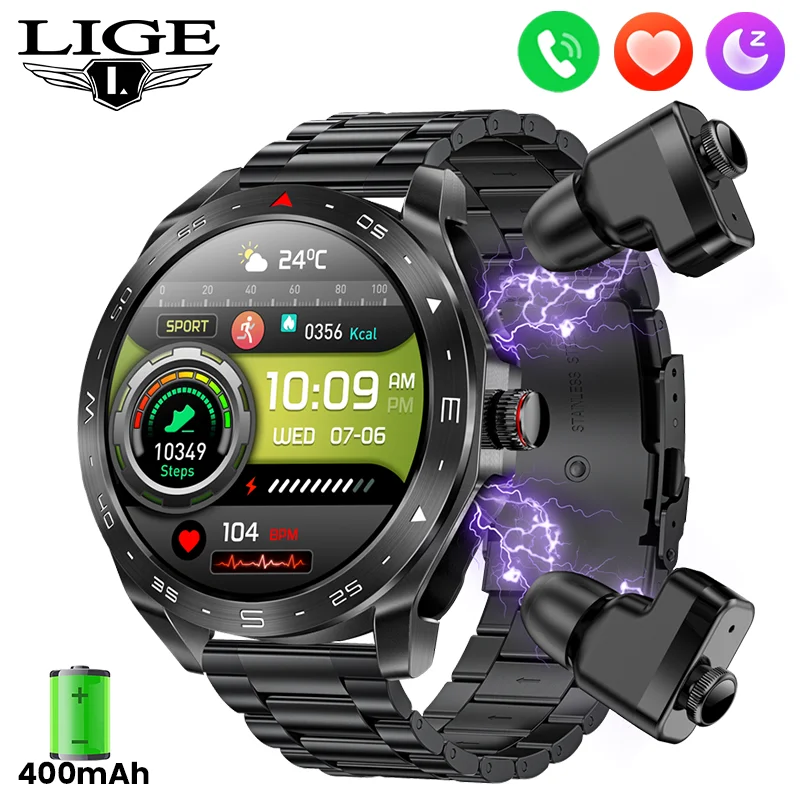 

LIGE 2025 New Smart Watch Music Bluetooth Call Waterproof TWS Earphones 2 In 1 Smartwatch Blood Pressure Oxygen Monitor 400mAh