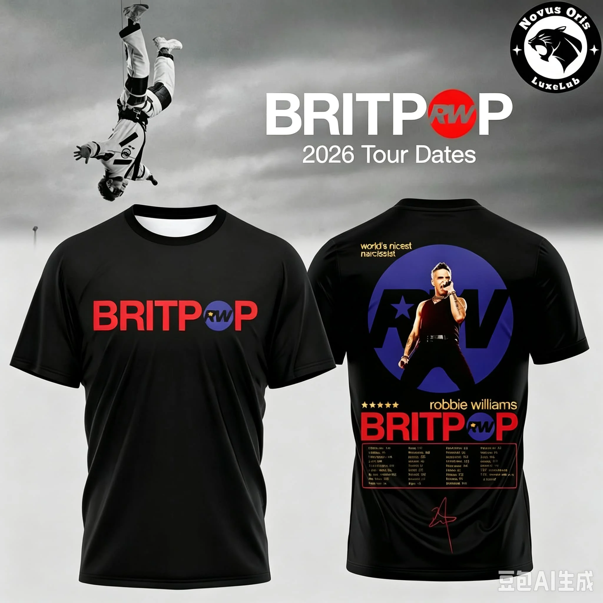 2026 Men Robbie‑Williams Britpop 2026 World Tour T‑Shirt Black  Portrait Short‑Sleeve Pop‑Rock Concert Fan Tops Family Matching