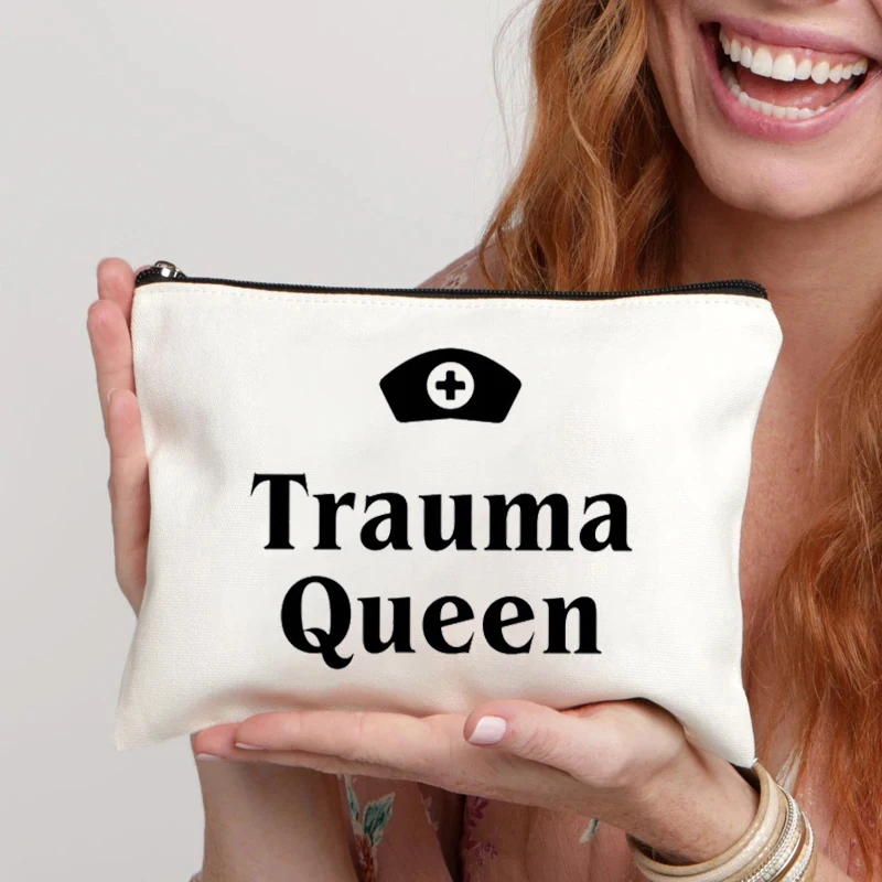 Trauma Queen Printed Canvas Cosmetic Bag Organizer White Sundries Storage Zipper Pouch Pencil Case Lipstick Perfume Makeup Bags