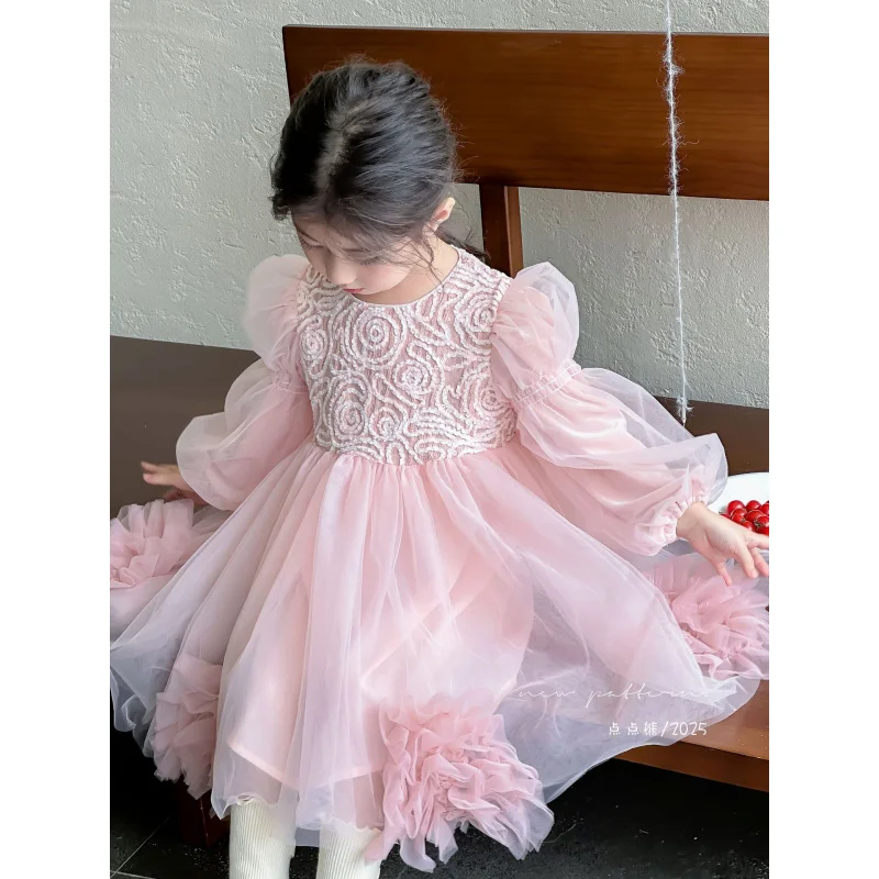 

Girls' Dress2025Autumn New Style Stunning Oversized Pink Mesh Puffy Dress First Birthday Gown Princess Dress