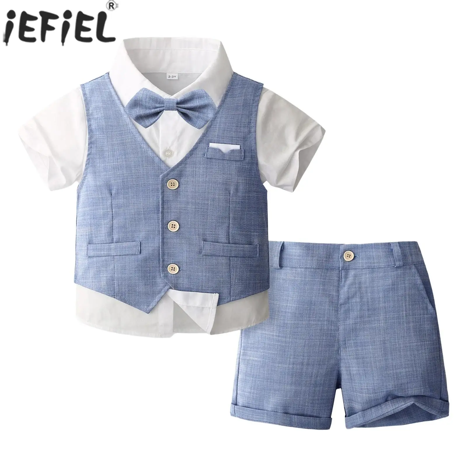 

Children Boy Christening Wedding Birthday Party Gentleman Suit Short Sleeve Bowtie Shirt with Shorts British Style Formal Outfit