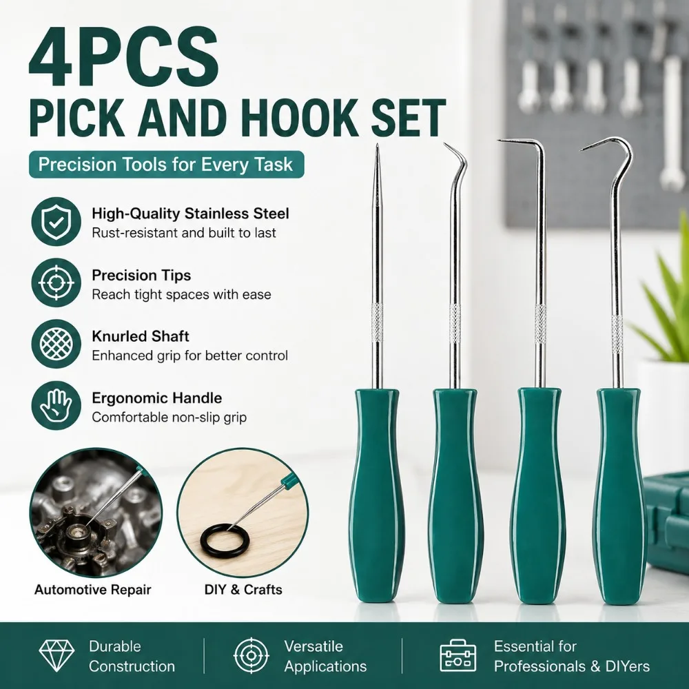 

4Pcs Automotive Pick and Hook Set Green Mini Puller Remover for Oil Seal O-Ring Gasket Car Repair Tools