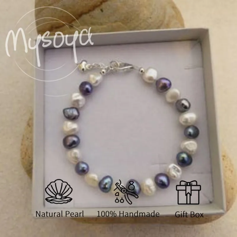 

MYSOYA черно-белый браслет из пресноводного жемчуга в стиле барокко 8-9 мм с подарочной коробкой для нее/него на день рождения/свадьбу/Рождество/Новый год