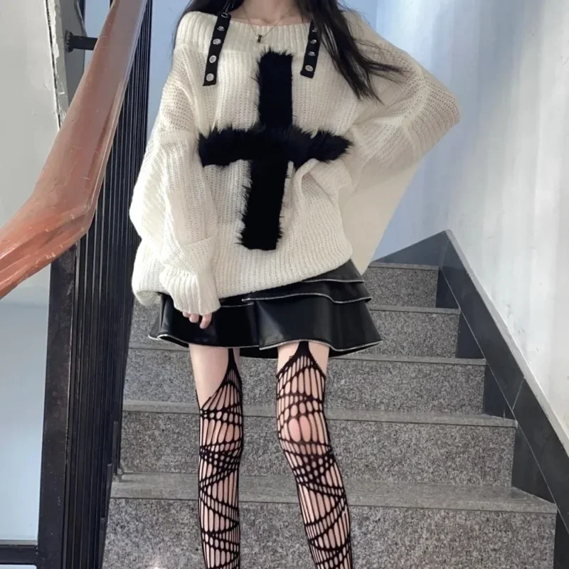 New Autumn Winter Harajuku Gothic Hot Girls White Cross Print Top Fashion Punk Long Sleeve Pullover Sweater Cool Girl