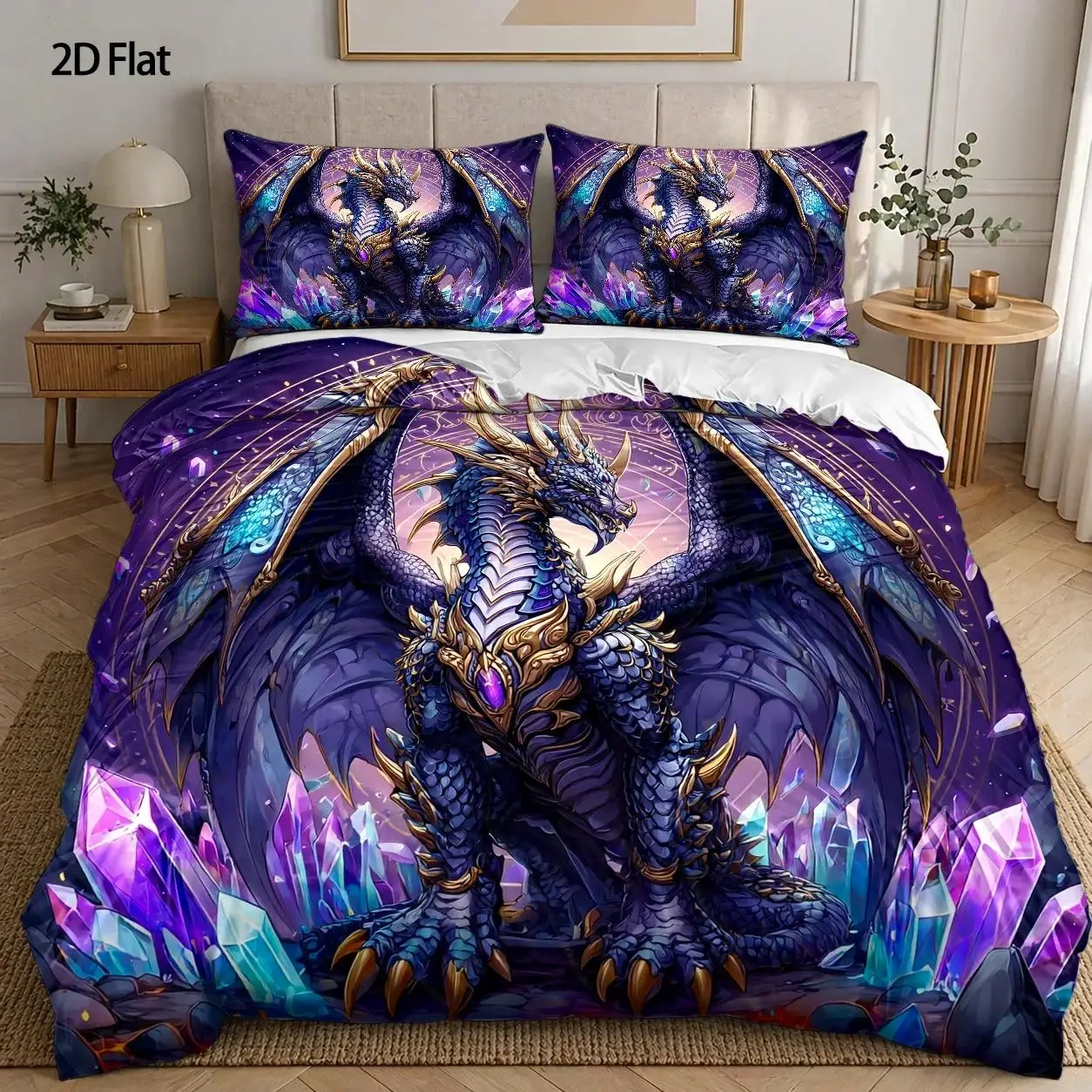3-Piece Duvet Cover Set, 1 Duvet Cover + 2 Pillowcases (Without Filling), Dreamy Purple Dragon Totem, Cyberpunk Style, Fantasy Festival, Fashionable, Three-Piece Duvet Cover Set, Three-Piece Bedding Set, Large Duvet Cover Set, Suitable for All Seasons, Machine Washable, Invisible Zipper, Suitable for Home, Dormitory, Master Bedroom, Guest Room