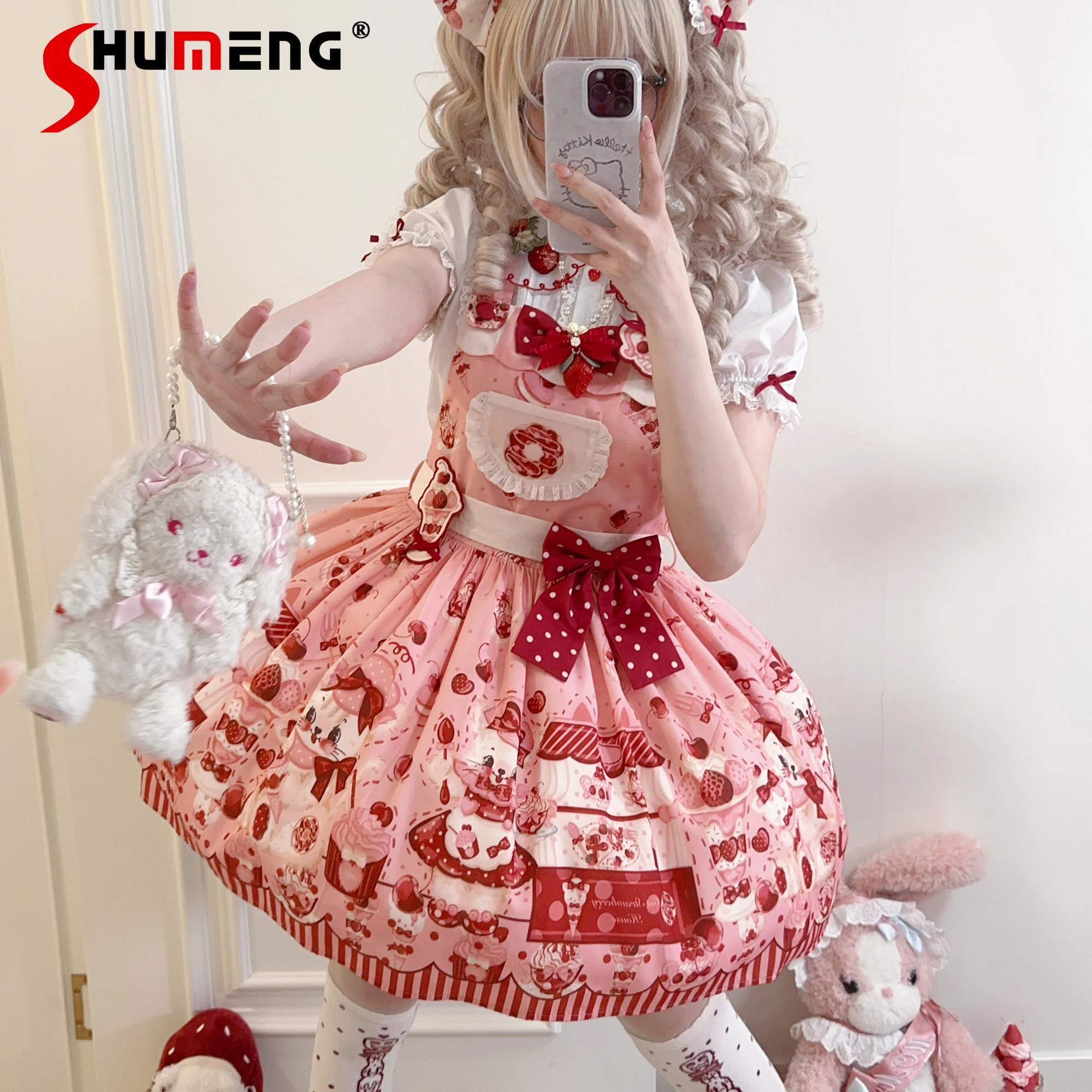 

Original Soft Girls Lolita Birthday Party Dress Jsk Girls Sweet Cute Bow Strawberry Print Strap Dress Y2K Princess Dress 2025