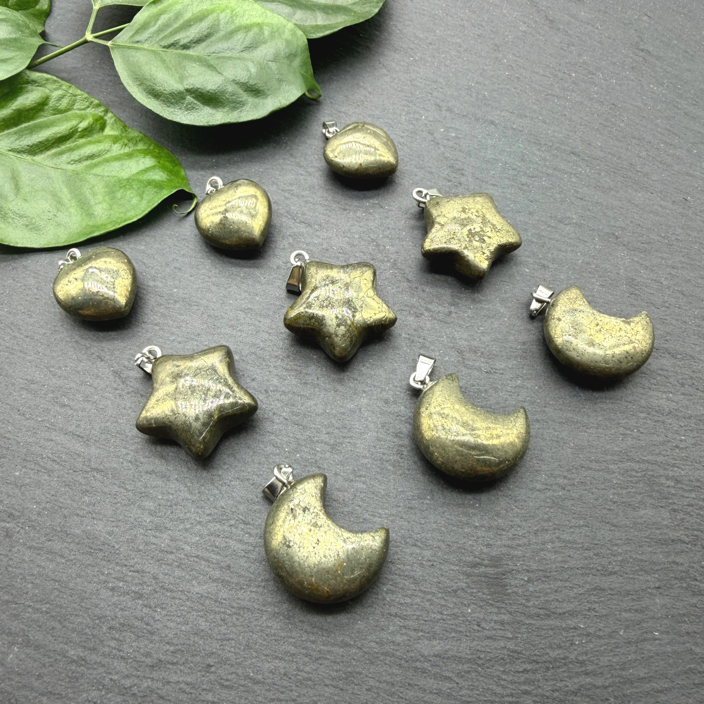 Natural Pyrite Stone Necklace Carved Heart Pendant Fools Gold Mineral Healing Crystal Good Luck Amulet DIY Necklace Charms