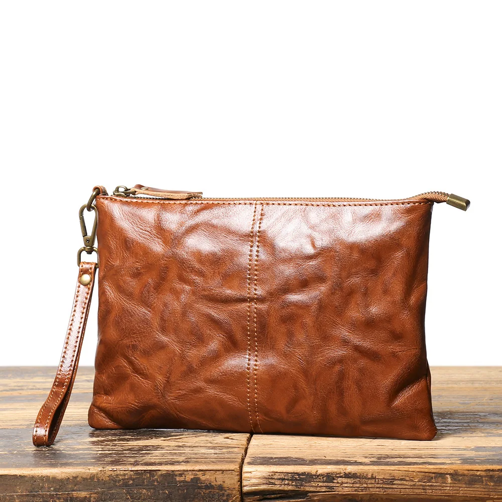 Handmade Genuine Cowhide Leather Large Capacity iPad & Document Holder with Distressed Texture, Retro Men's Wristlet Clutch
