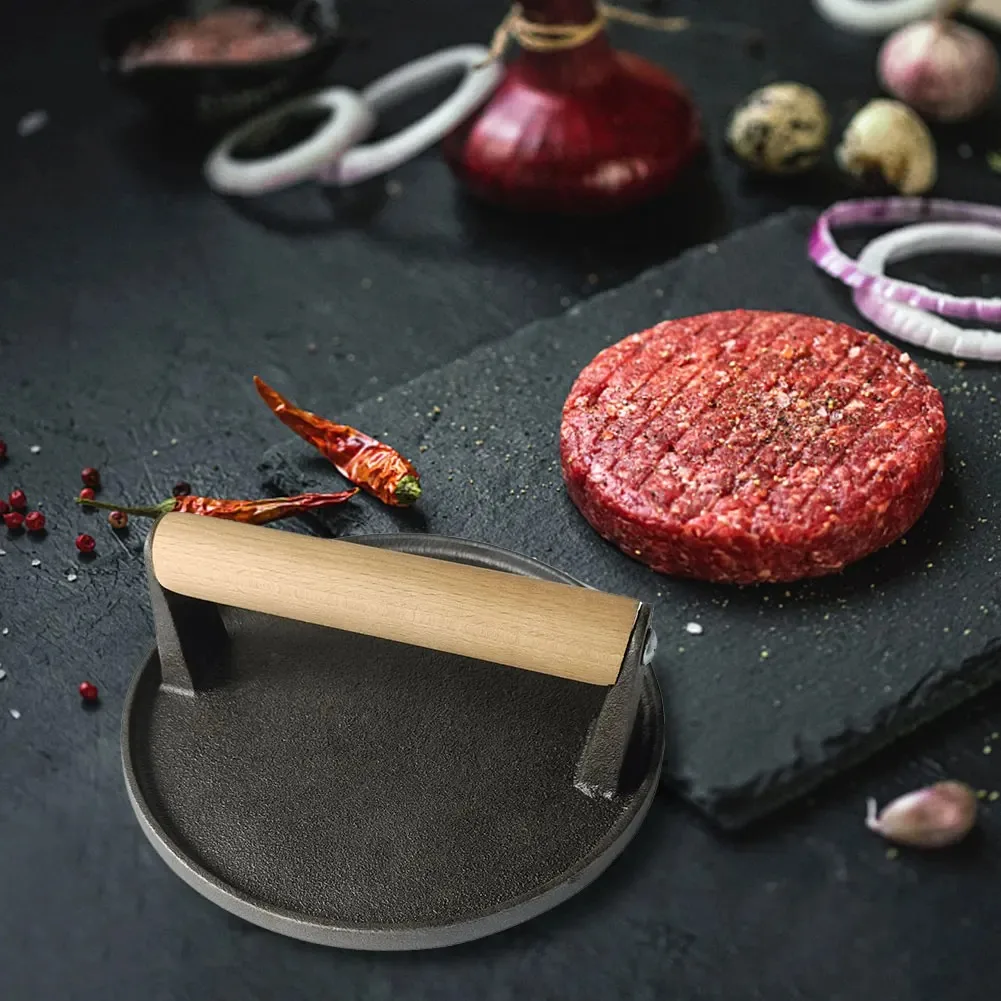 Prensa de carne pesada para cocina, plancha de hierro fundido, herramienta para hamburguesas, prensa redonda antiadherente para hamburguesas y carne con mango de madera