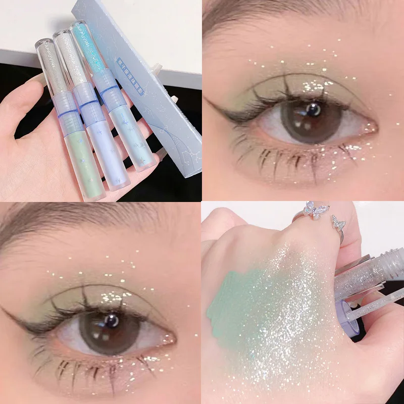 Sombra de ojos líquida azul, lentejuelas mate, Nacarado, maquillaje de ojos, gusano de seda, brillo, gota, lágrima, herramientas de belleza de maquillaje, 2 en 1