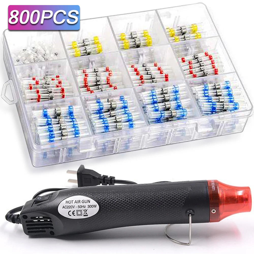 800/400/50PCS Heat Shrink Butt Waterproof Solder Seal Wire Cable Splice Terminal Kit Crimp Terminals Electrical with Hot Air Gun