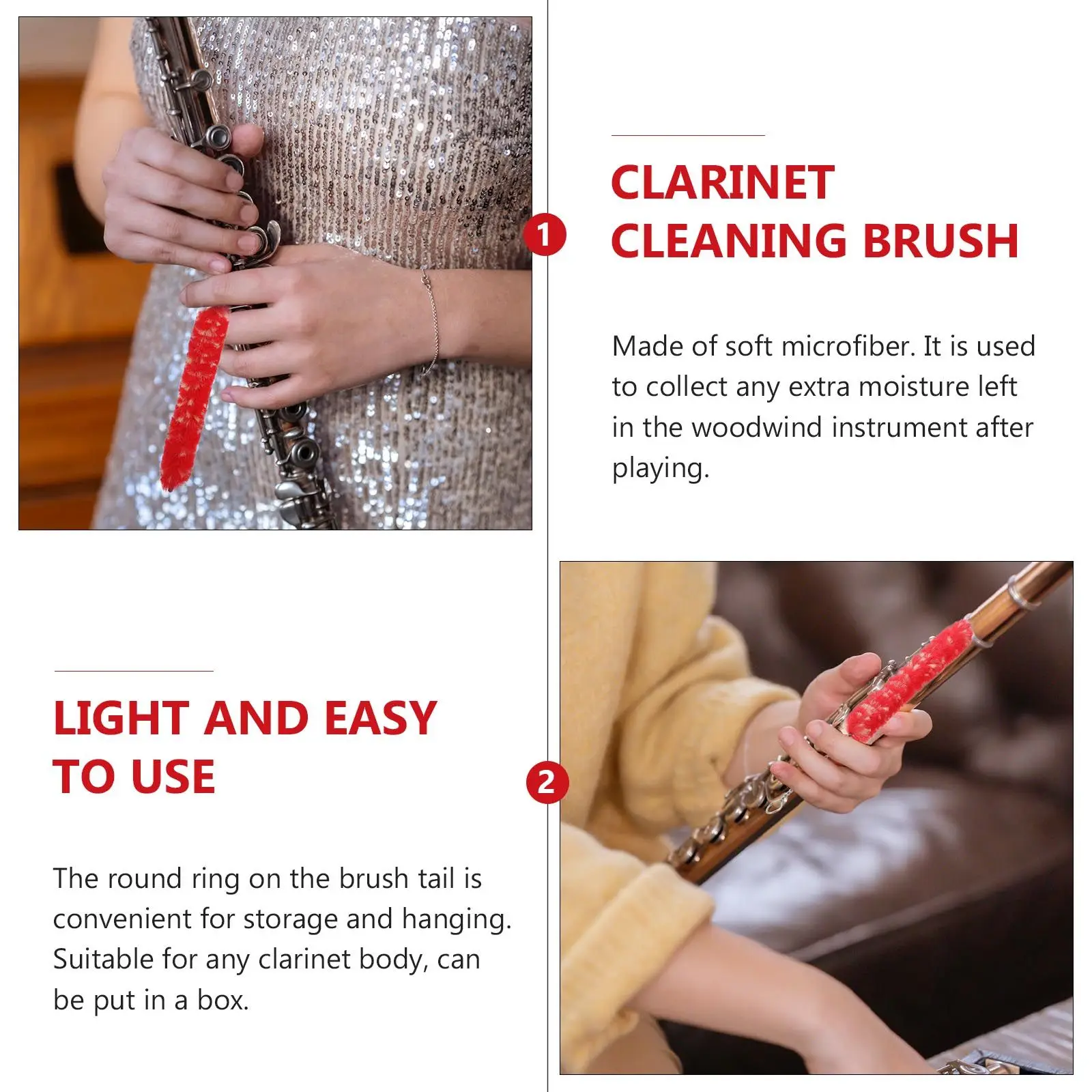 4Pcs Clarinet Cleaning Brush Microfiber Woodwind Instrument Drying Tool for Inner Bore Moisture Removal Portable Storage Ring