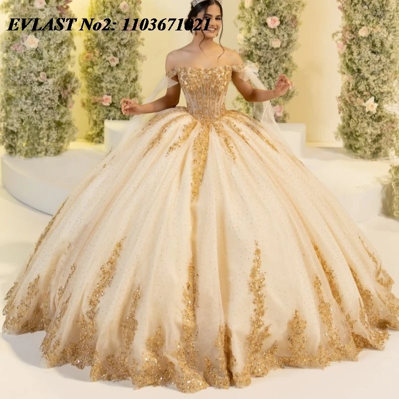 

EVLAST Customized Glitter Champagne Quinceanera Dress Gold Lace Applique Beading Bow Party Sweet 16 Vestidos 15 Anos E2QA100