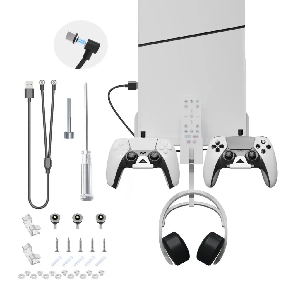 Wall Mount Bracket Stable Support Hollow Out Bottom with Headset Gamepad Holder Game Host Rack Storage Stand Accessories for PS5