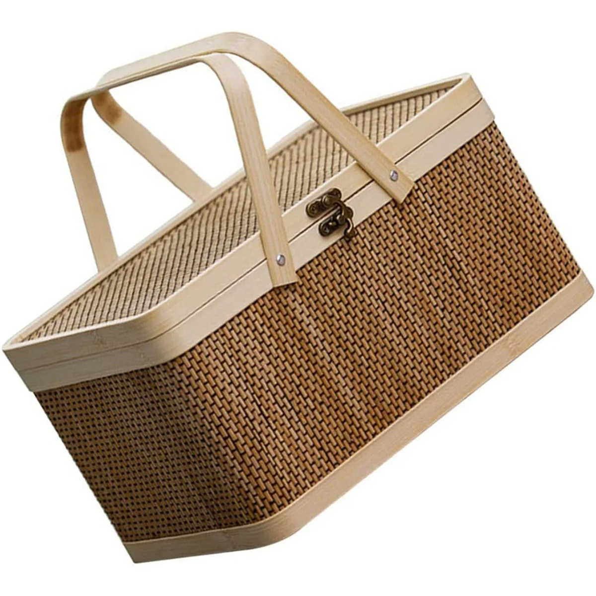 Bamboo Basket Natural -Friendly Woven Basket Bamboo Picnic Basket with Lid Handheld Snacks Bread Storage Basket