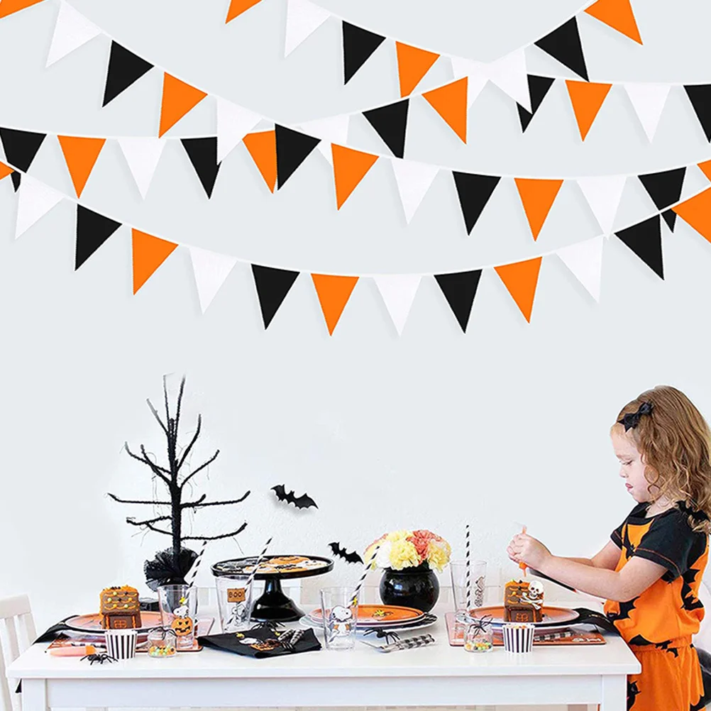 

Halloween Triangle Banner Orange Black White Fabric Hanging Decoration for Party Wall Window Garden Outdoor Indoor Use