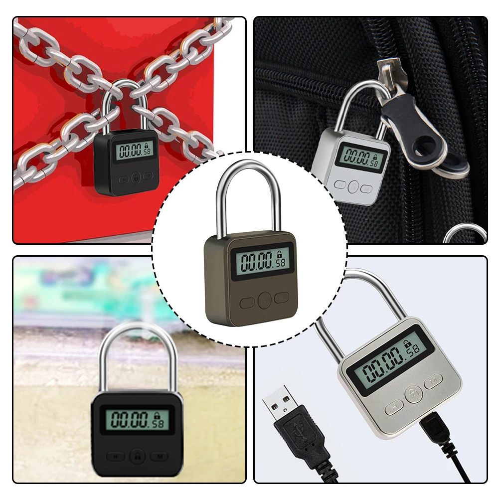 1pc Timing Padlock Metal Timer Lock LCD Display Multi Function Electronic Time 999 Hour Timing Anti-addiction Electronic Lock