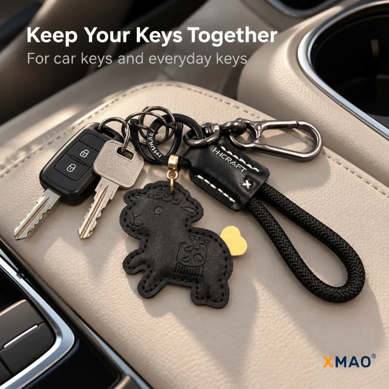 XMAO Sheep Bag Charm Keychain with Braided Rope Loop and Stitched PU Leather Pendant, Metal Clip for Car Keys and Handbag Decor