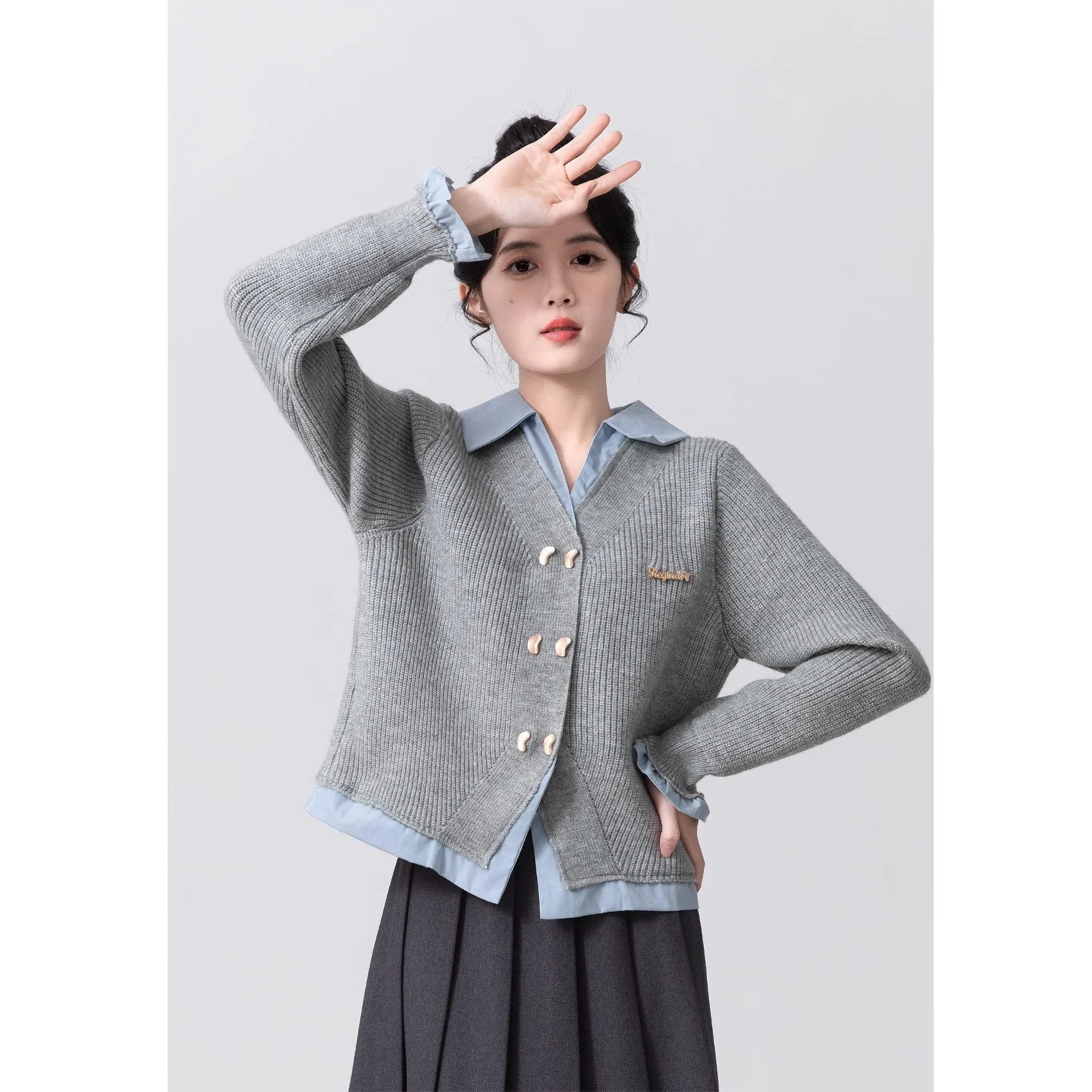 

Поддельный женский свитер из двух предметов, весна-осень 2024, новый вязаный кардиган в студенческом стиле, куртка, короткий топ