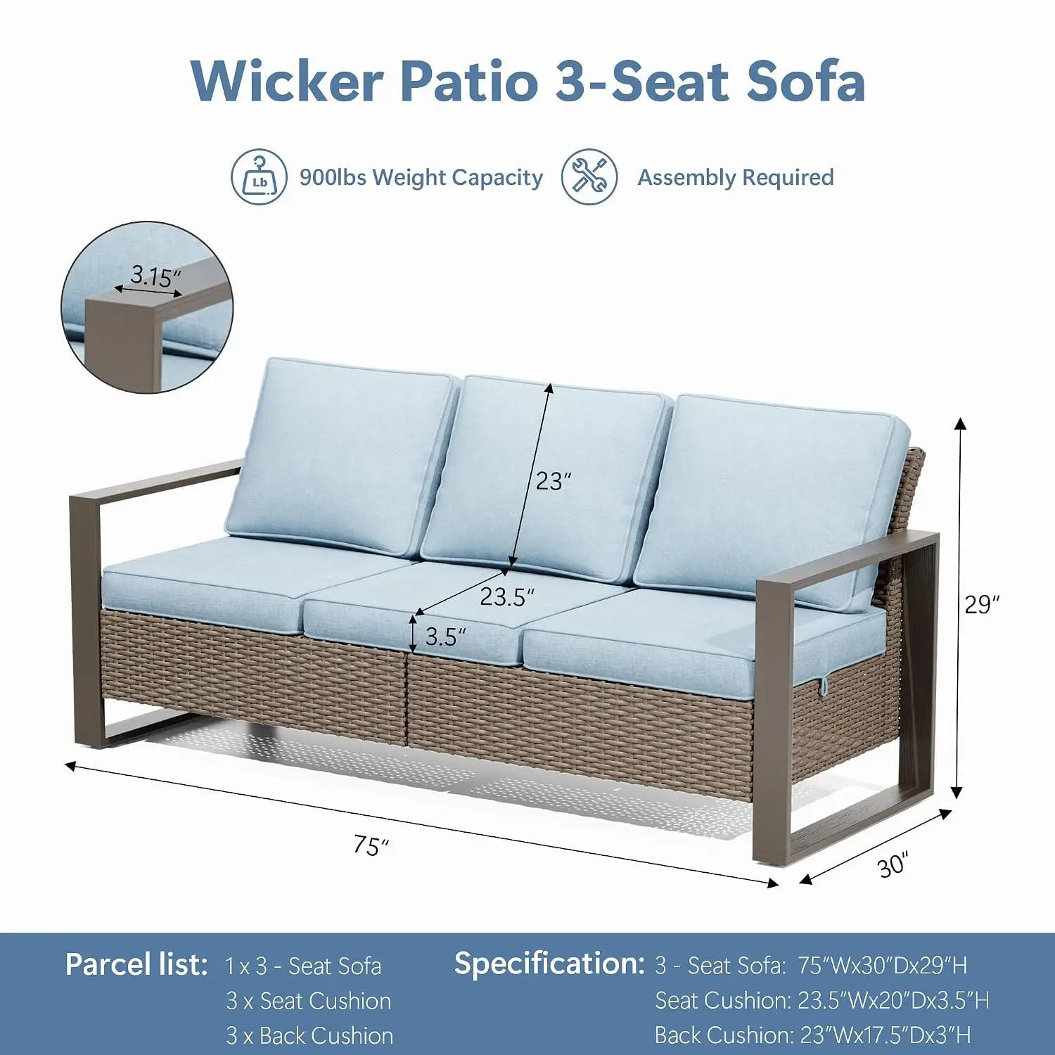 Outdoor 3-Seat Wicker Sofa with Thickened Cushions, Metal High Back Rattan Furniture for Porch & Deck, Customized