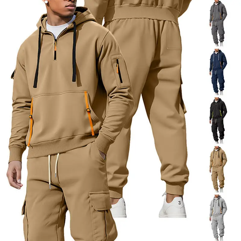

2026 Men Fleece Hoodie Cargo Pants Set Winter Warm Hooded Zip Up Sweatshirt Multi Pocket Workwear Tracksuit Casual Streetwear Ou
