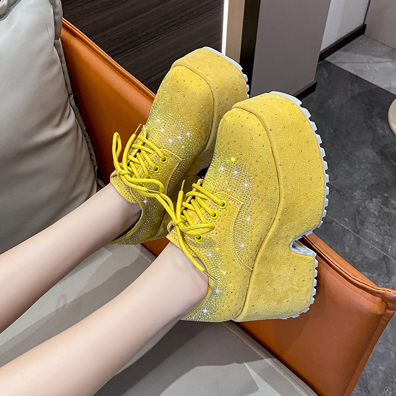 High Top Spring Black Women Shoes New Style Fashion 9.5CM Platform Shoes Platforms Sneakers Tide Shine Bling Rhinestone Shoes