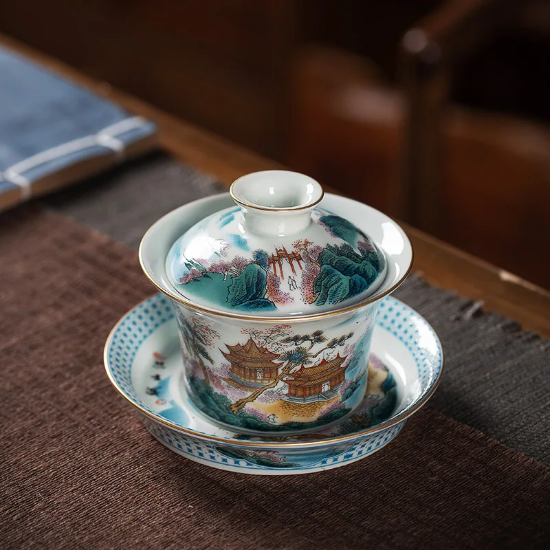 

High Quality Cover Teacup Single High-End Pastel Tea Set Horseshoe Jing Brewing Bowl Jingdezhen Ceramic Household Kung Fu Gaiwan