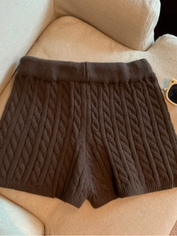 กางเกงไหมพรมถักสไตล์เกาหลีญี่ปุ่นย้อนยุคสำหรับผู้หญิง  ชุดลำลองฤดูใบไม้ร่วง เอวยางยืด  ด้ายบิดเกลียว  ทรงขาบาน  ช่วยให้ดูผอม