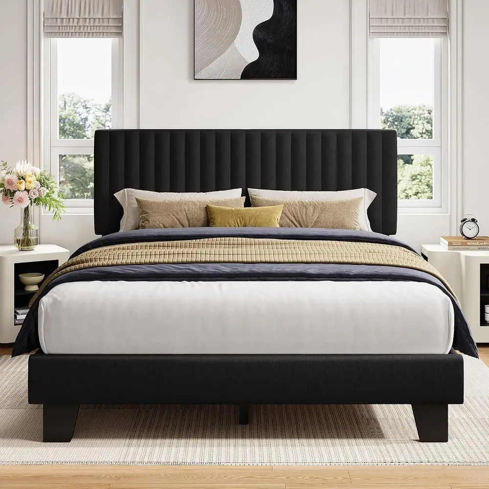 

Queen Size Upholstered Platform Bed with Linen Headboard, Wide Legs, Wood Slat Support, No Box Spring, Easy Assembly, Black