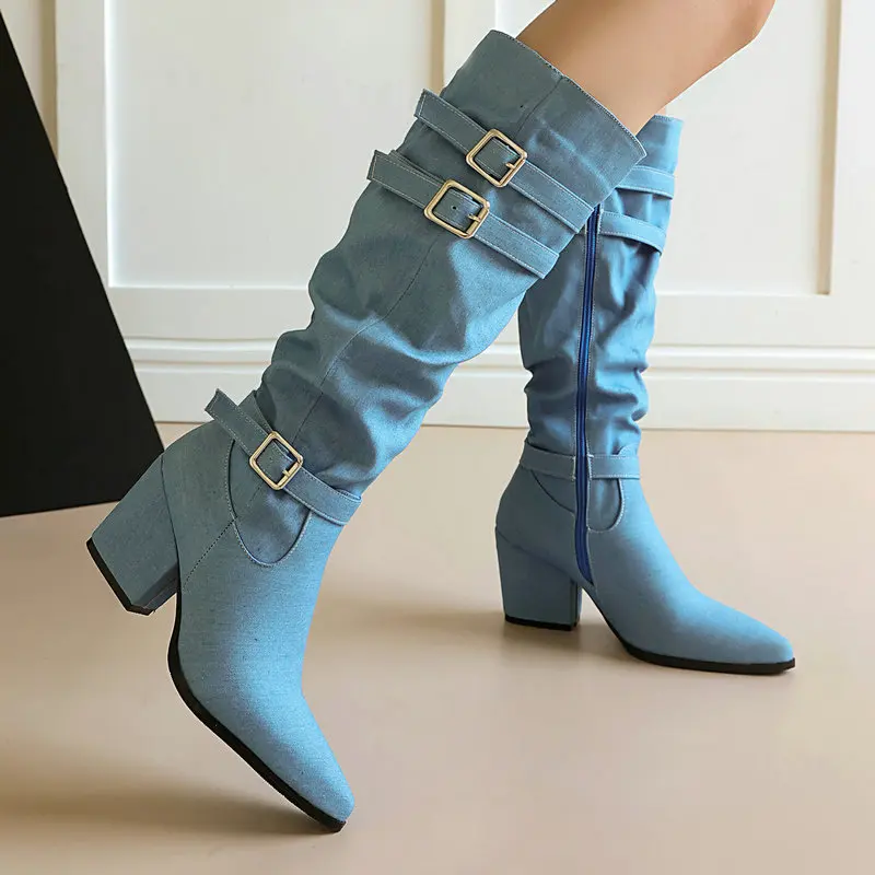 Womens Denim Stacked Boots Pointed Toe Chunky Heel Below Knee High Western Multi Buckle Side Zip Retro Rider Boots